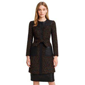 LOUIS VUITTON Tweed Leather Jacket Coat Belted Black Multicolor LV Long 40 Small